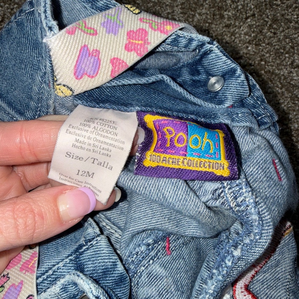 Disney Pooh Denim Overalls Baby 12M Blue Good Vintage Cargo Embroidered - Picture 4 of 4